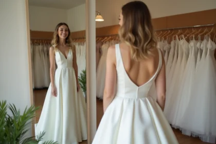Jeune mariée essayant une robe blanche simple dans une petite boutique de mariage indépendante, ambiance authentique et accessible