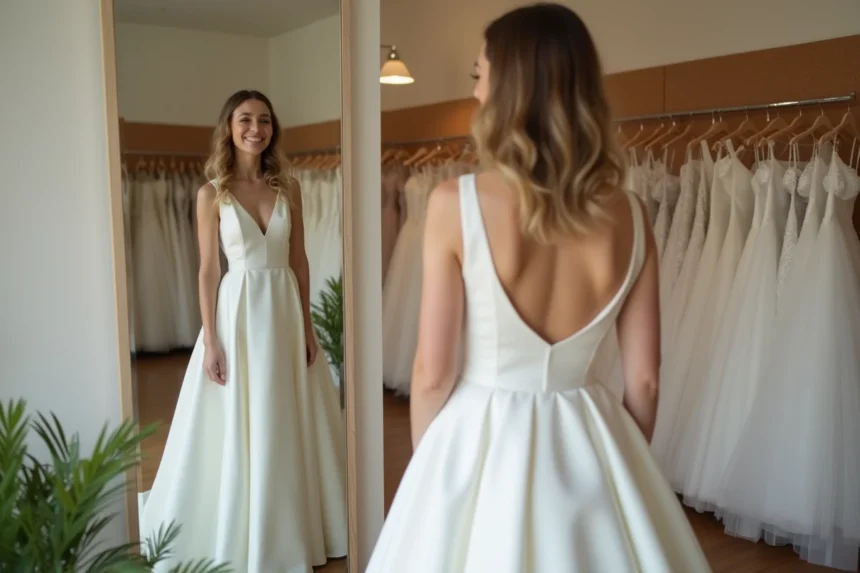 Jeune mariée essayant une robe blanche simple dans une petite boutique de mariage indépendante, ambiance authentique et accessible