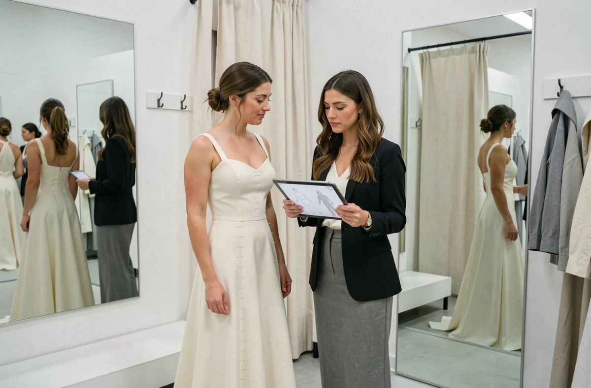 Essayage d'une robe de mariée sur mesure avec couturière et future mariée dans un studio moderne