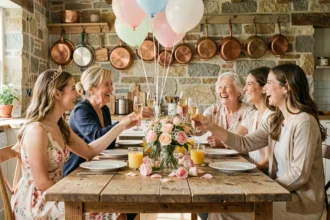 Groupe multigénérationnel de femmes portant un toast lors d'un enterrement de vie de jeune fille en famille autour d'une table rustique en bois