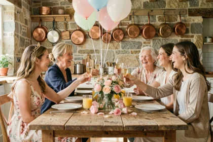 Groupe multigénérationnel de femmes portant un toast lors d'un enterrement de vie de jeune fille en famille autour d'une table rustique en bois