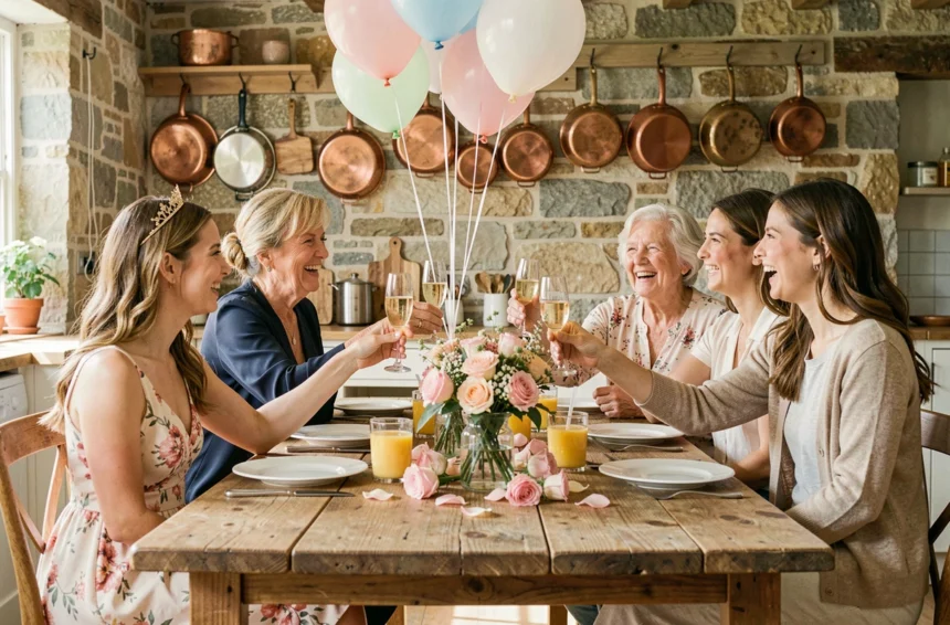 Groupe multigénérationnel de femmes portant un toast lors d'un enterrement de vie de jeune fille en famille autour d'une table rustique en bois