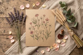 Faire-part de mariage champêtre en papier kraft avec illustrations botaniques, lavande séchée et décoration rustique sur table en bois