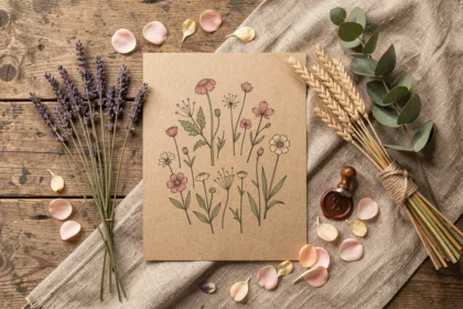 Faire-part de mariage champêtre en papier kraft avec illustrations botaniques, lavande séchée et décoration rustique sur table en bois