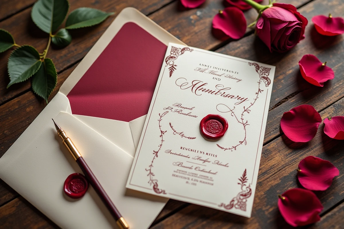 Faire-part de noces de rubis posé sur une table en bois avec cachet de cire rouge et plume pour les 35 ans de mariage