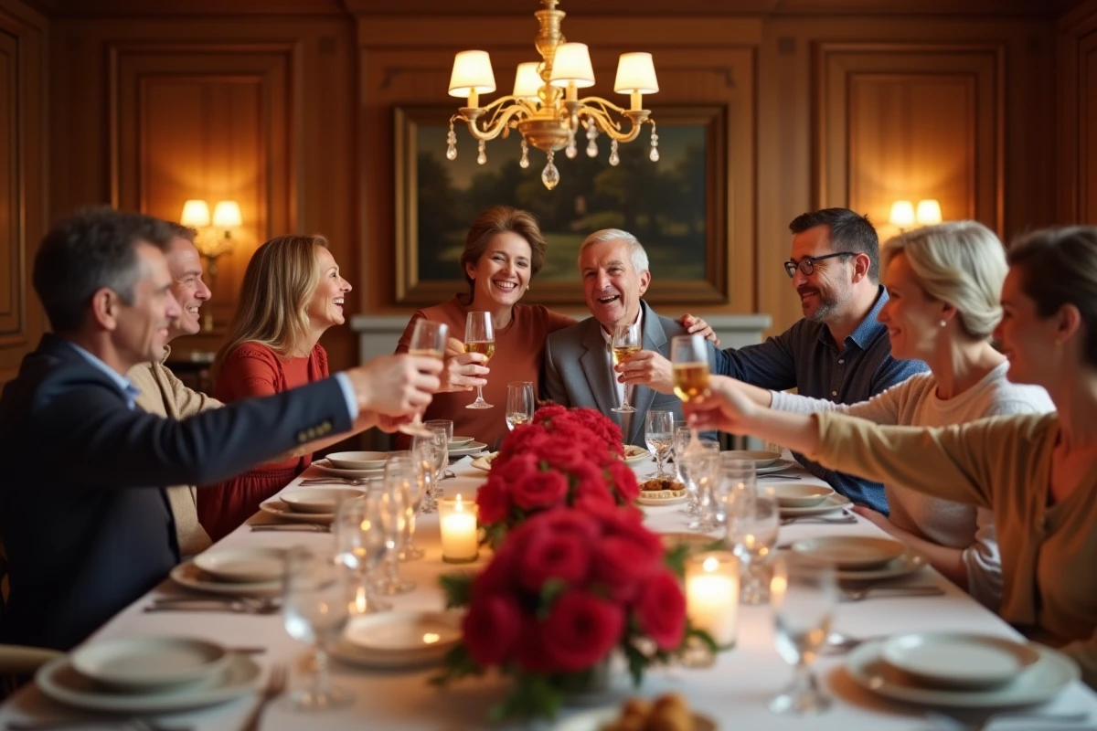 Famille réunie autour d'une table pour fêter les 35 ans de mariage d'un couple lors d'un repas de noces de rubis