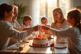 Famille multigenerations autour d'une table ensoleillee