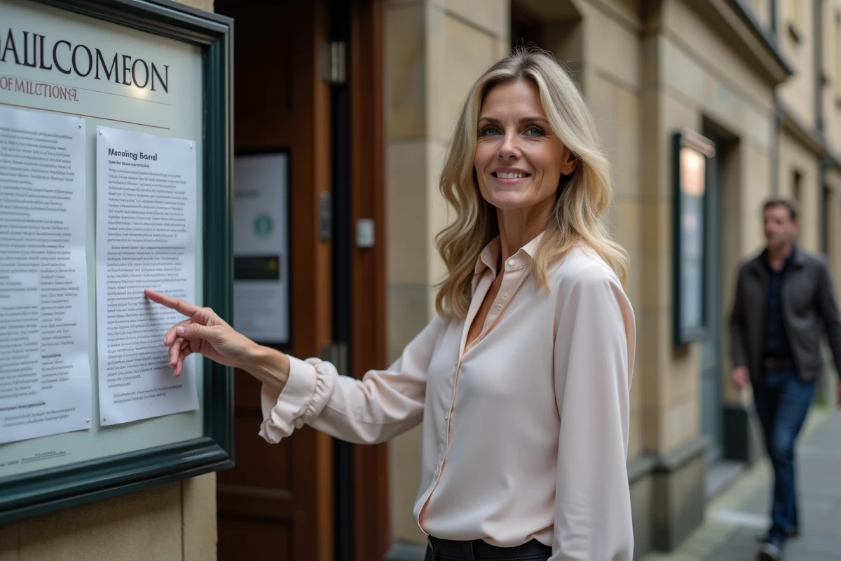 Femme pointant une affiche de mariage devant la mairie