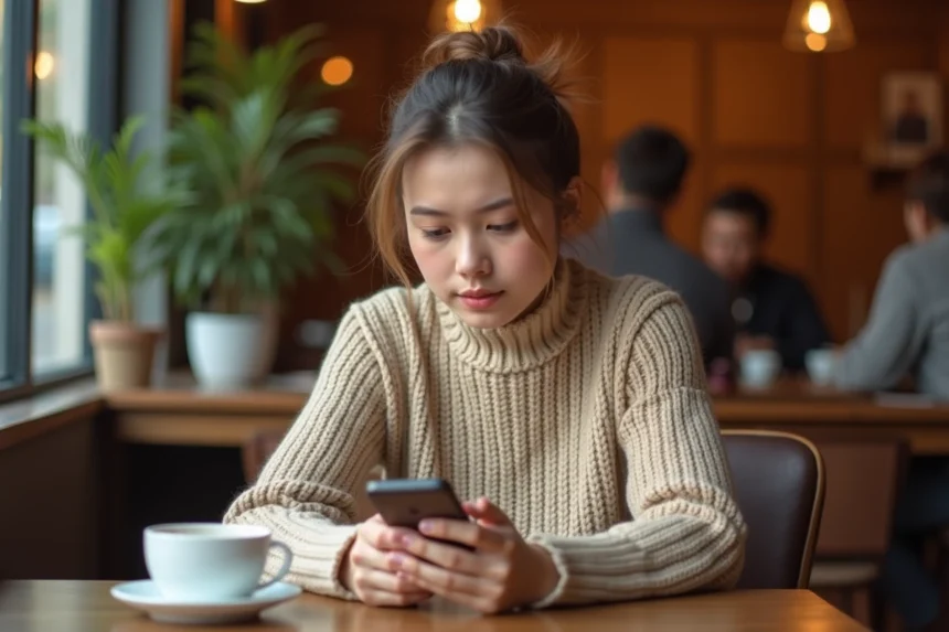 Jeune femme consultant une application de rencontre sur son smartphone dans un café, illustrant la sécurité et la vie privée sur Bumble