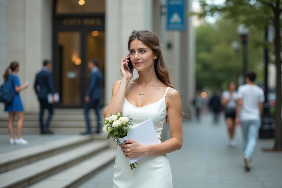 Femme en robe blanche parlant au téléphone devant la mairie