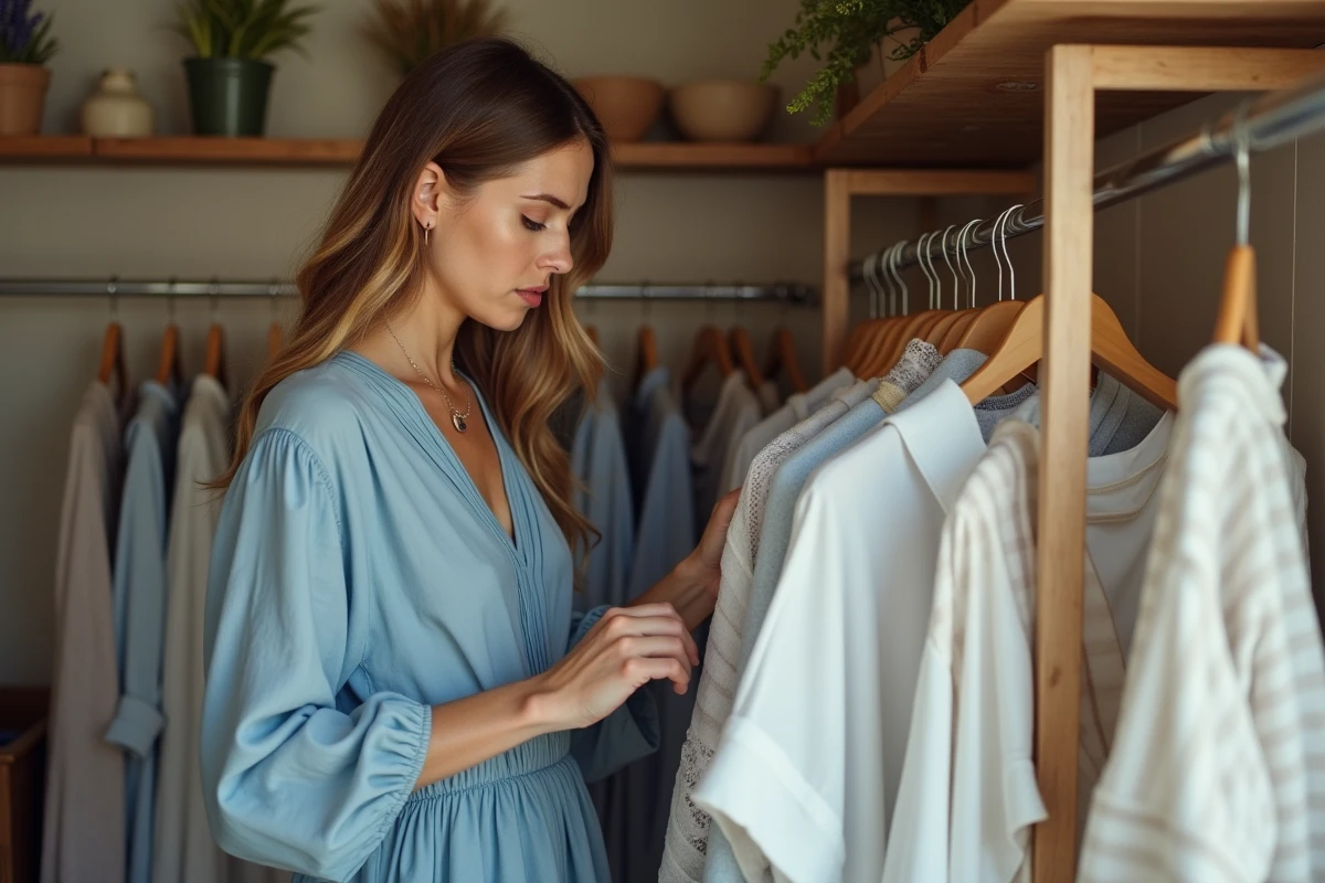 Femme examinant une robe dans une boutique de campagne