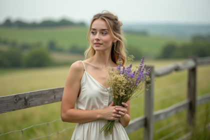 Jeune femme en robe pastel avec bouquet de fleurs sauvages