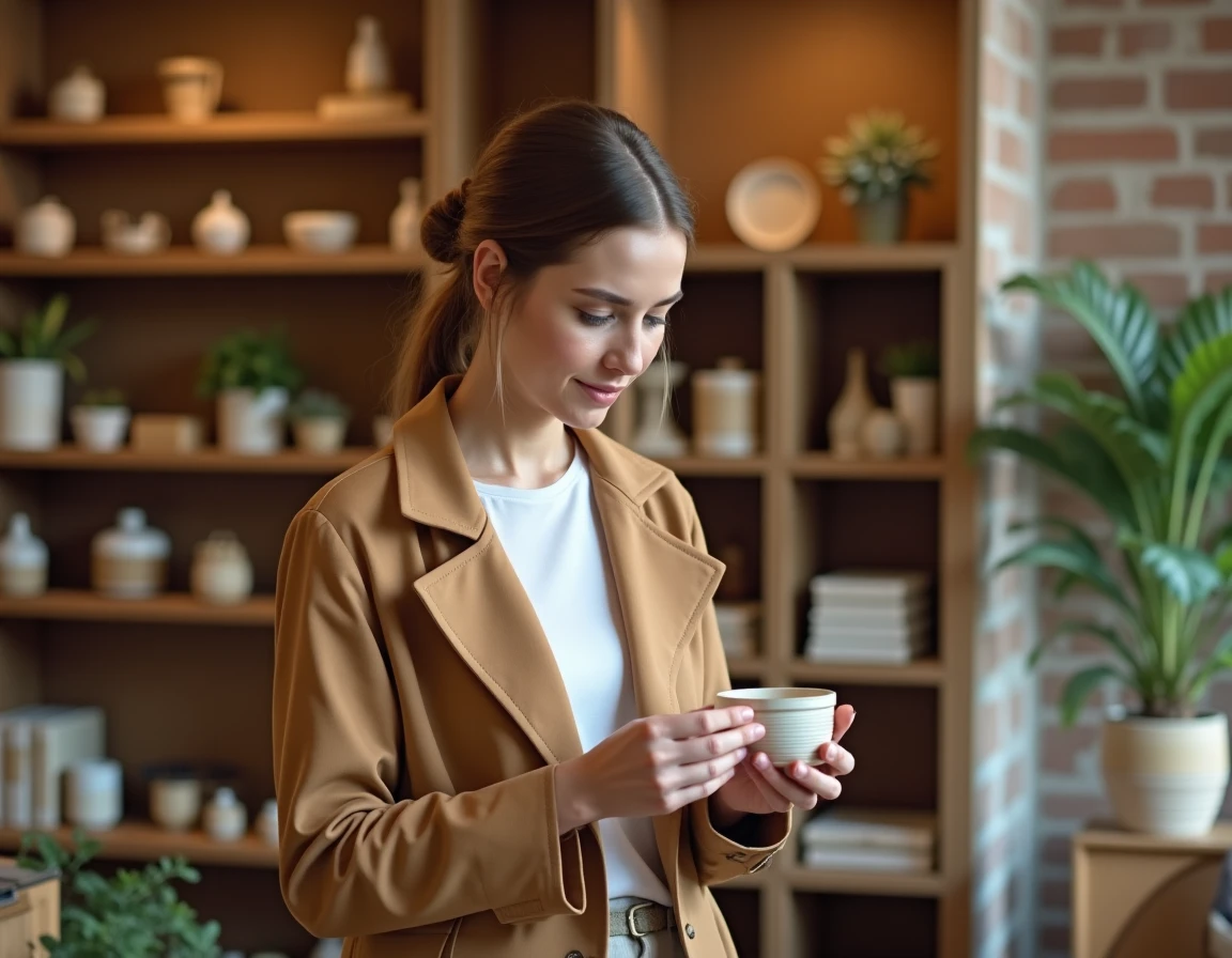Femme choisissant un cadeau de PACS artisanal dans une boutique de créateurs chaleureuse