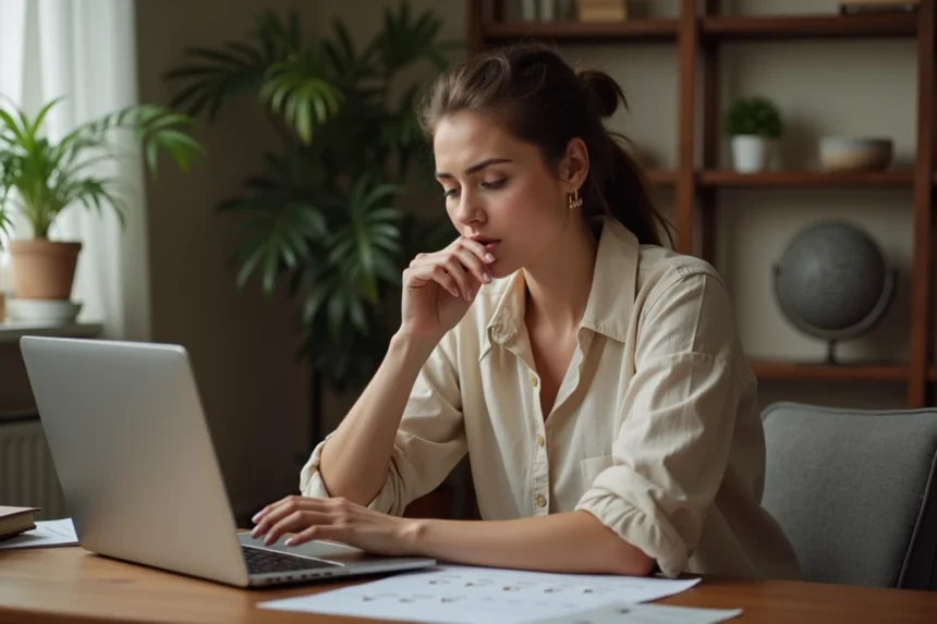 Femme consultant un guide de taille de bague en ligne avant de passer commande pour un pacs