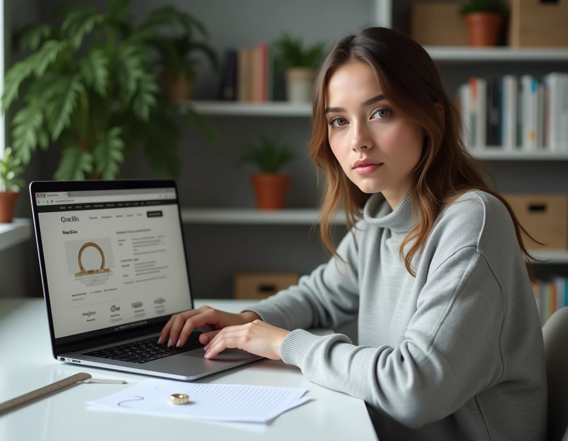 Jeune femme consultant un guide de tailles de bagues en ligne sur son ordinateur portable