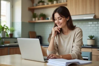 Femme assise à la cuisine avec ordinateur portable