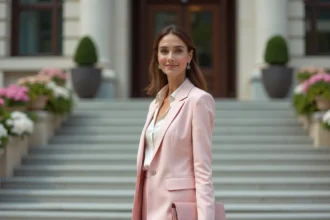 Femme élégante en costume pastel devant mairie