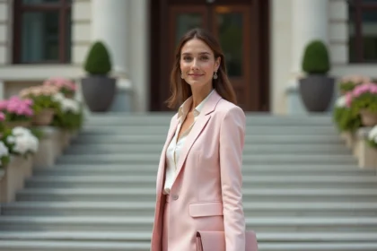 Femme élégante en costume pastel devant mairie
