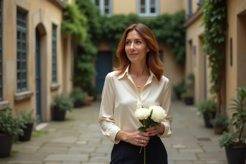 Femme élégante tenant un bouquet de pivoines blanches dans une cour parisienne en pierre, évoquant une vie privée et romantique loin des projecteurs