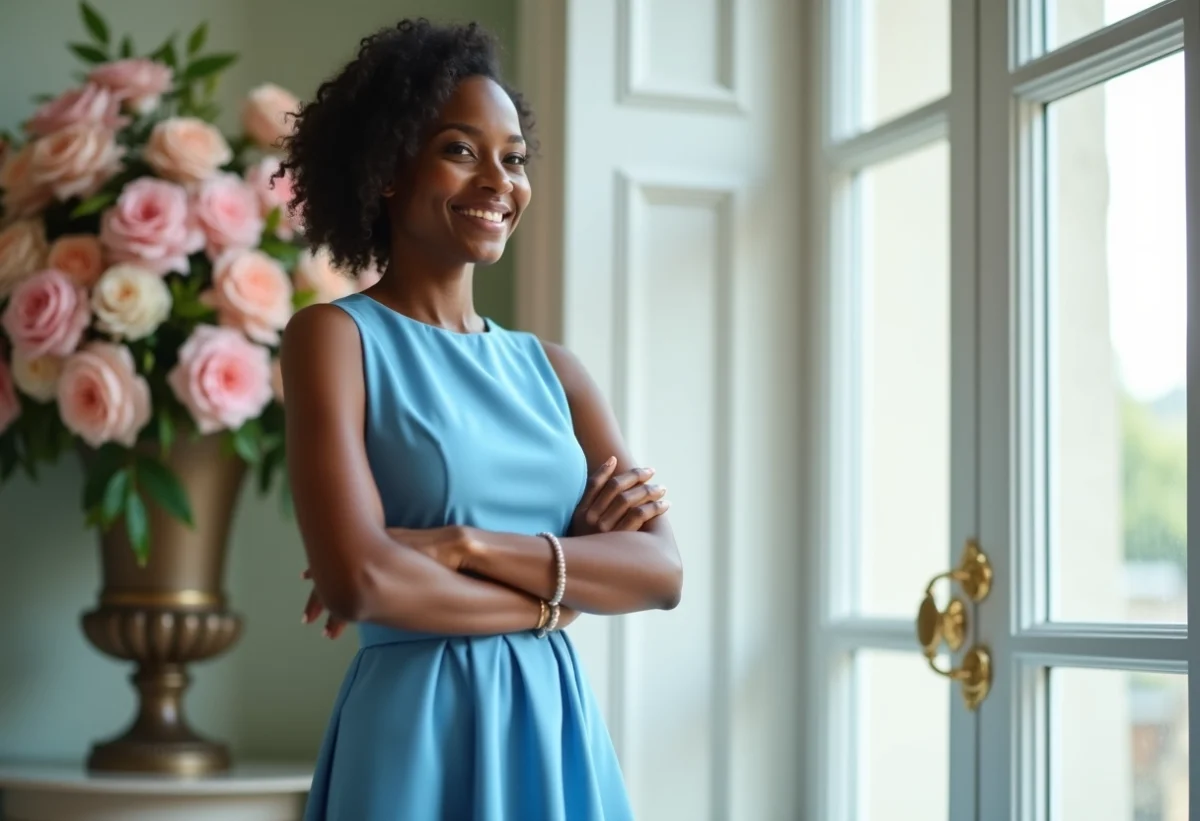 Femme confiante en robe bleue ajustant son bracelet lors d'un mariage
