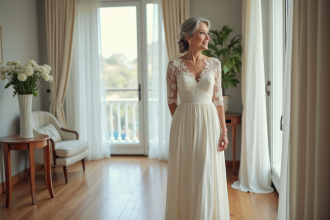 Femme confiante en robe de mariée ivoire dans un intérieur moderne