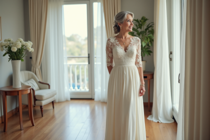 Femme confiante en robe de mariée ivoire dans un intérieur moderne