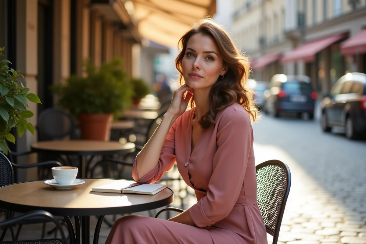 Femme élégante attablée en terrasse de café en ville, illustrant un moment de vie de couple en 2026