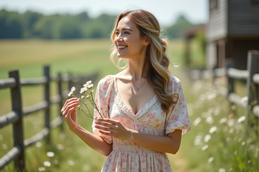 Femme souriante en robe pastel dans un jardin champêtre