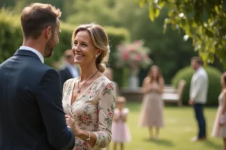 Femme française élégante dans un jardin familial en plein air