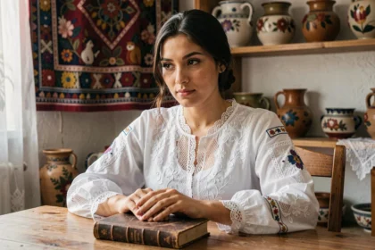 Jeune femme gitane en robe de mariée traditionnelle blanche brodée, assise dans une maison familiale aux décors colorés, représentant les traditions du mariage rom