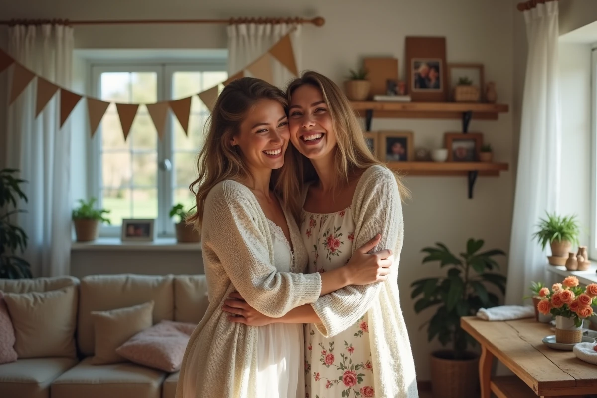 Femme souriante en robe florale embrassant son amie mariée dans un salon chaleureux