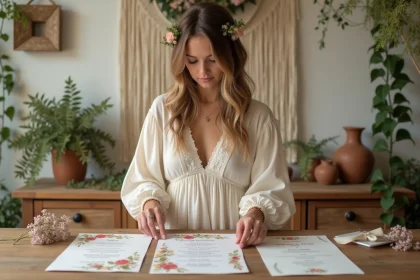 Jeune femme posant des invitations de mariage boho dans une ambiance chaleureuse