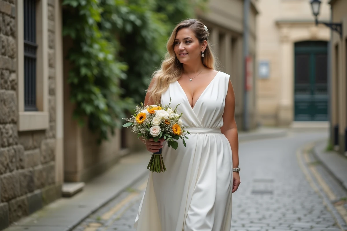 Femme en robe de mariage moderne dans une rue de Nantes
