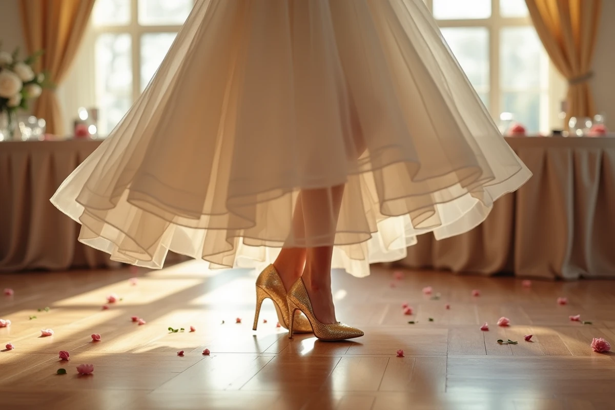 Femme en robe de mariée dansant avec chaussures dorées