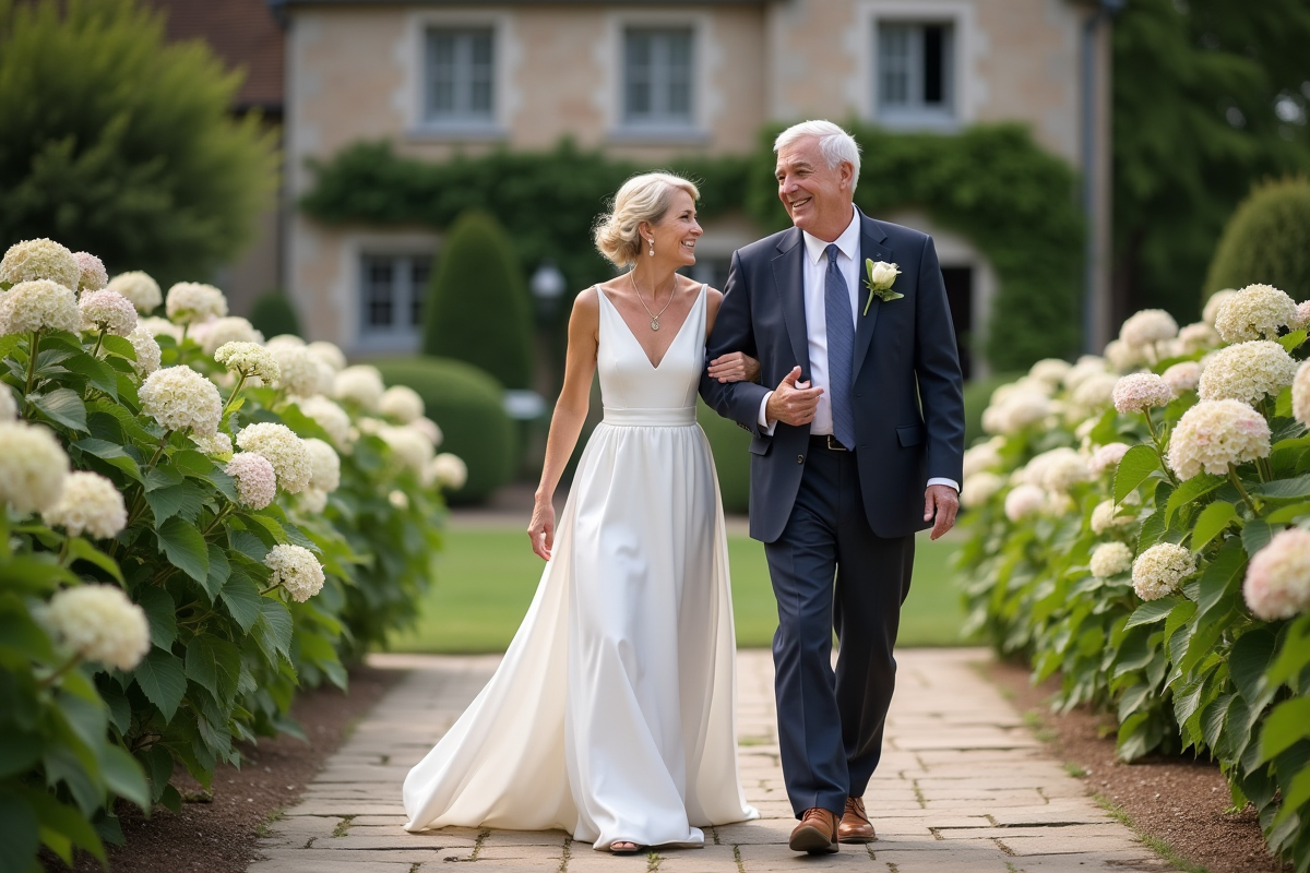 Femme souriante en robe de mariage dans un jardin fleuri