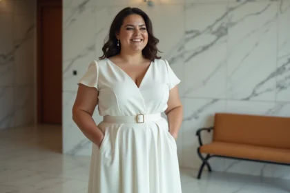 Femme ronde en robe blanche ajustée dans un hall moderne