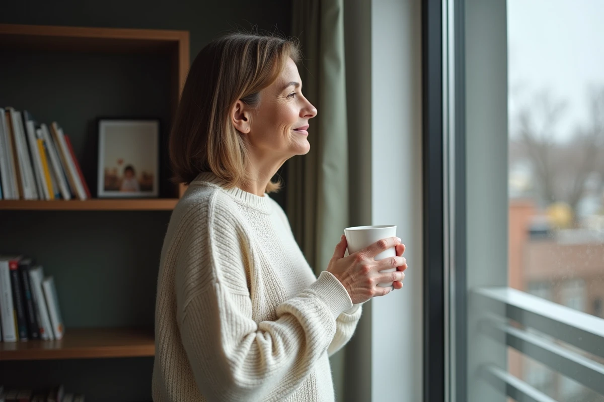 Femme seule regardant par la fenêtre avec une tasse