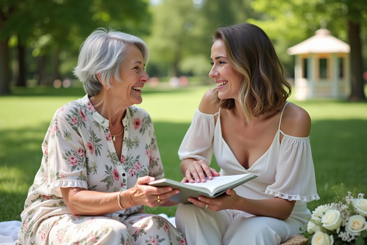 Femme âgée offrant livre de mariage à une jeune femme dans un parc