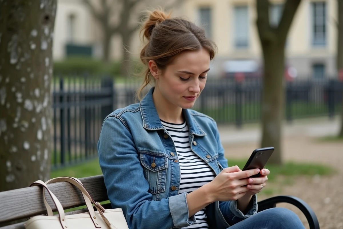 Jeune femme seule sur un banc de parc parisien consultant une application de rencontres entre voisins sur son smartphone, cherchant à rompre son isolement