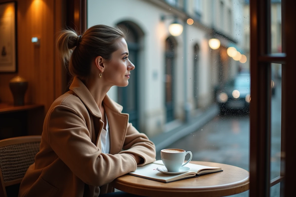 Femme pensive assise dans un café français avec un carnet et un expresso, symbole d'une personnalité publique préservant sa vie personnelle