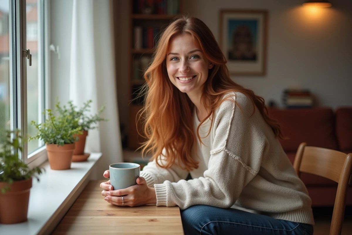 Femme souriante au petit déjeuner dans un appartement