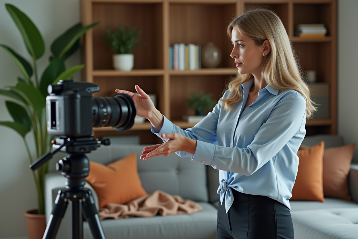 Femme vérifiant un appareil photo dans un salon cosy