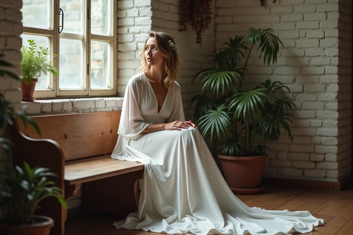 Femme en robe de mariage assise dans un espace intérieur cosy