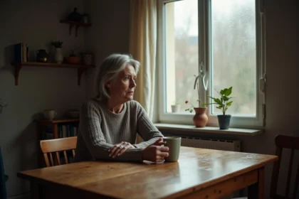 Femme solitaire dans la cinquantaine tenant une tasse de café dans sa cuisine, regardant par la fenêtre un jour de pluie, illustrant l'isolement et la solitude urbaine