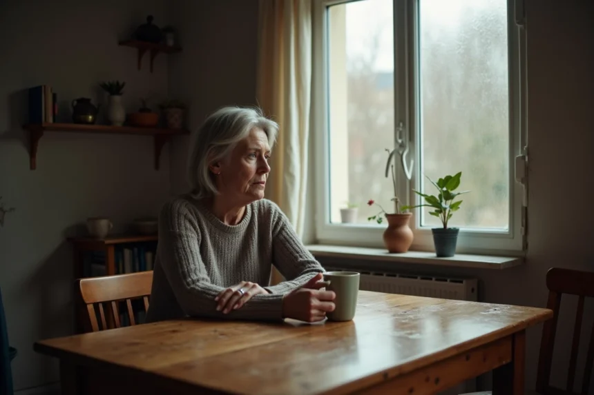 Femme solitaire dans la cinquantaine tenant une tasse de café dans sa cuisine, regardant par la fenêtre un jour de pluie, illustrant l'isolement et la solitude urbaine