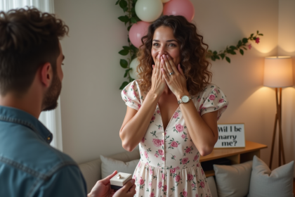 Femme surprise en robe florale lors d'une demande en mariage