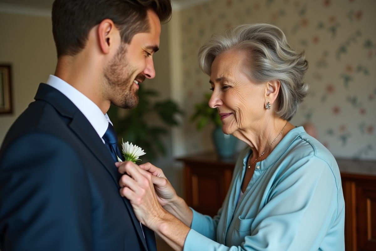 Femme âgée pinçant une fleur sur le costume d