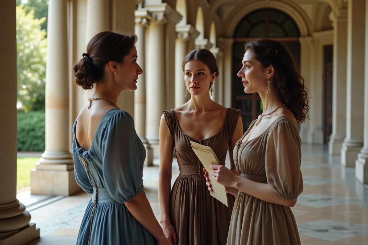 Trois femmes en robe baroque dans un couloir du palais