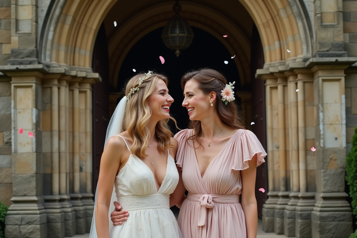 Couple lesbien souriante devant une église ornée de fleurs