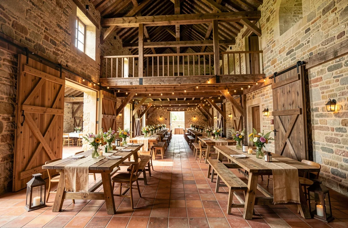 Intérieur de la Ferme des Templiers de Fléchinel transformée en salle de mariage rustique avec tables en bois et décoration champêtre